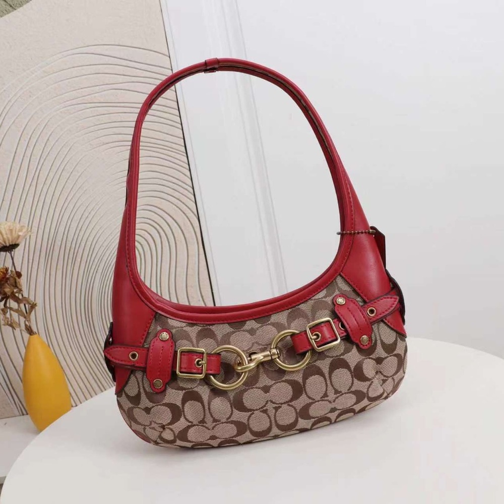 Red Leather-Trim Signature Shoulder Bag